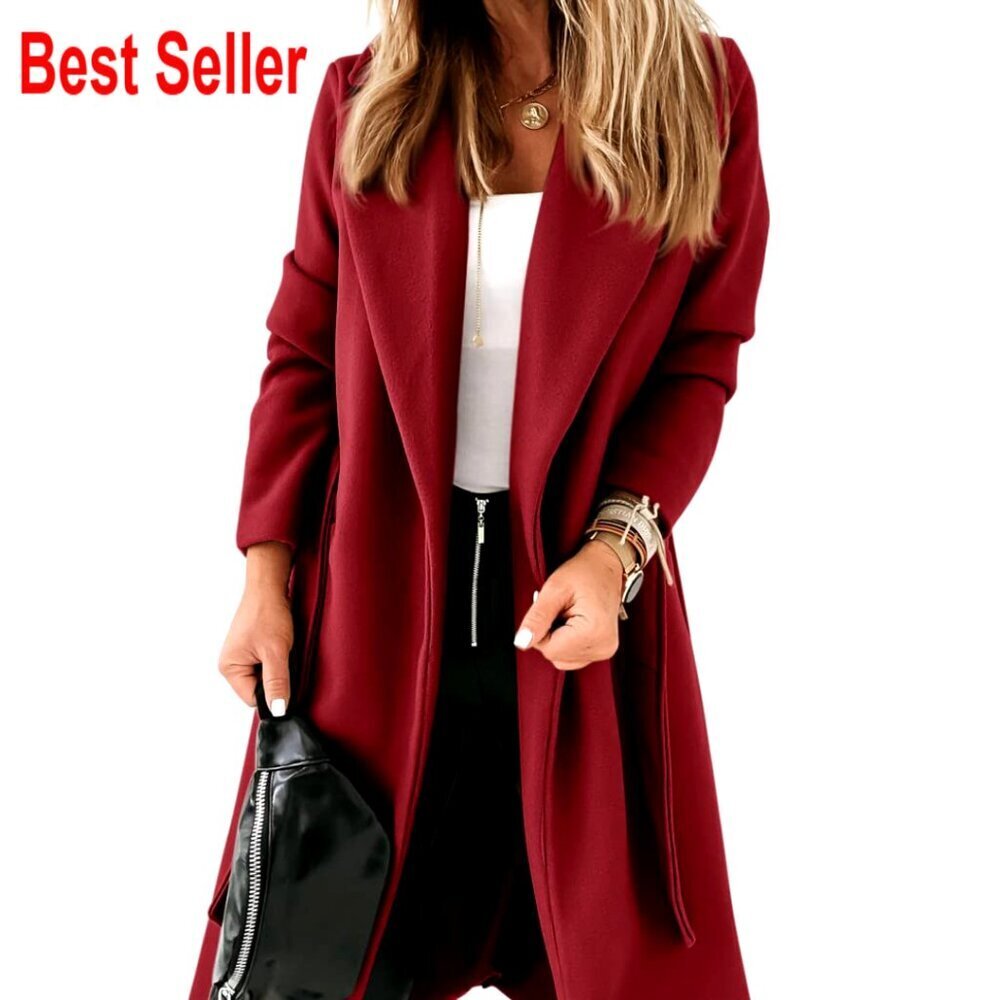 Classic Lapel Collar Open Front Belted Long Pea Coat Jacket Chic Elegant